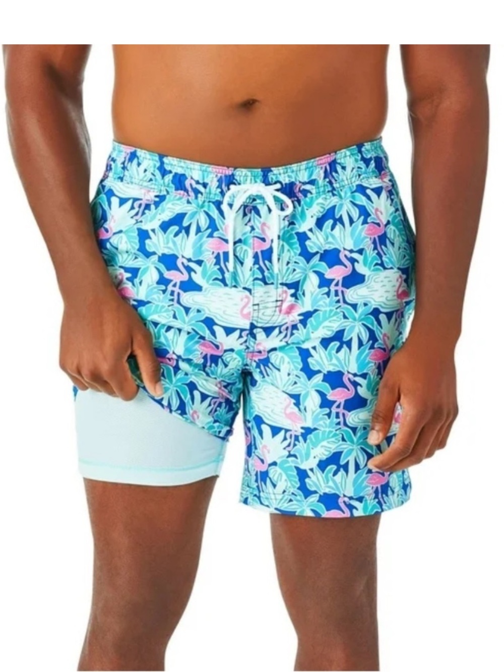 Member’s Mark Medium Resort Blue/Pink Flamingo Tropical Print Lined Swim Trunk